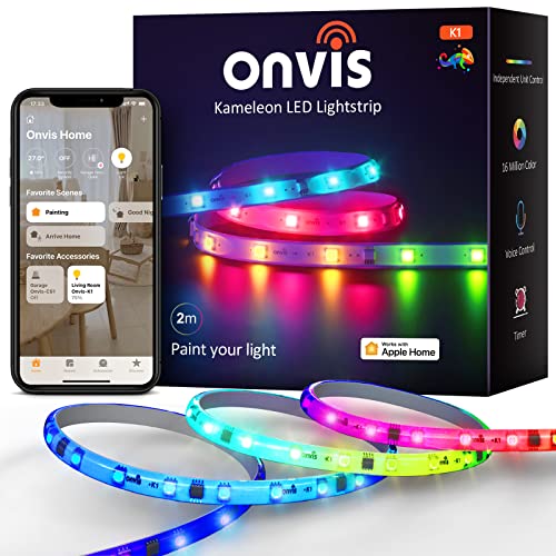 Onvis RGBIC LED Strip Light, WiFi LED Stripe 2m, Apple Homekit kompatibel, Musik Sync, Segmentcontrol, Farbwechsel Smart LED Streifen geeignet für Schlafzimmer, Studio, Kabinett