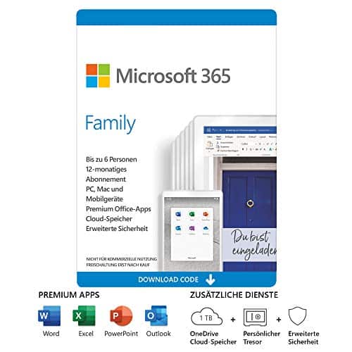 Microsoft 365 Family | 6 Nutzer | Mehrere PCs/Macs, Tablets und mobile Geräte | 1 Jahresabonnement | Download Code