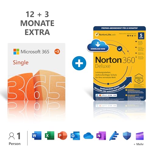 Microsoft 365 Single | 12+3 Monate, 1 Nutzer | PCs/Macs & mobile Geräte | Aktivierungscode per E-Mail + NORTON 360 Deluxe | 15 Monate mit Automatischer Verlängerung, 5 Geräte |