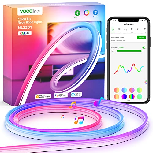 VOCOlinc Neon LED Strip 3m, RGBIC Streifen funktioniert mit Apple HomeKit, Alexa und Google, mit App-Steuerung, DIY-Funktion, Musik Sync, Lichtband für Schlafzimmer,Wohnzimmer,Wand Deko