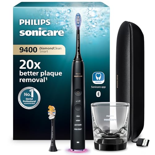 Philips Sonicare DiamondClean Smart 9400 elektrische Zahnbürste, Schallzahnbürste mit App, Drucksensor, Bürstenkopferkennung, 4 Putzmodi und 3 Intensitätsstufen, Schwarz, Modell HX9917/89