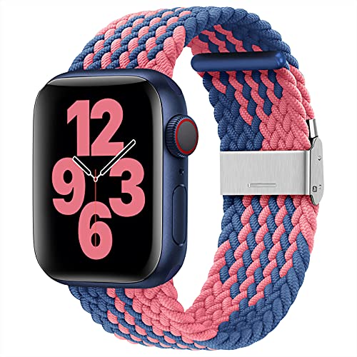 youmaofa Kompatibel mit Apple Watch Armband 42mm 44mm 45mm, Einstellbar Geflochten Dehnbare Elastisch Sport Ersatzarmband mit Schnalle für iWatch Series SE/Series 7 6 5 4 3 2 1, Blau Rosa