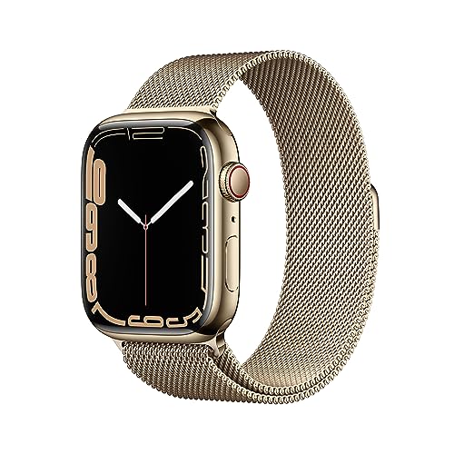 Apple Watch Series 7 (GPS + Cellular, 45mm) Smartwatch - Edelstahlgehäuse Gold, Milanaise Armband Gold. Fitnesstracker, Blutsauerstoff und EKGApps, Always-On Retina Display, Wasserschutz