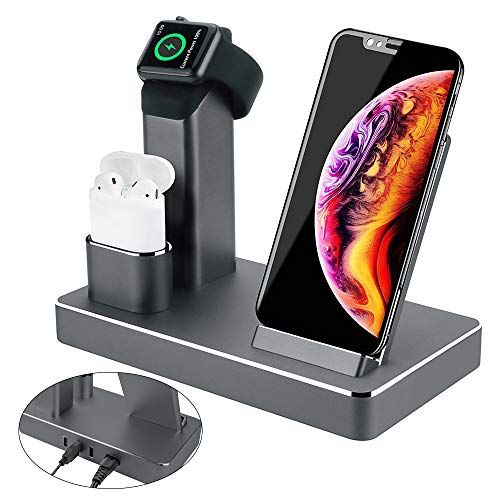3 in 1 Ladestation Stand für Apple Watch AirPods iPhone, Aluminium Induktive Qi Ladestation, 7.5W Fast Wireless Charger für iPhone X/XS/Max/XR/8/Plus, 10W Induktions Ladegerät für Samsung