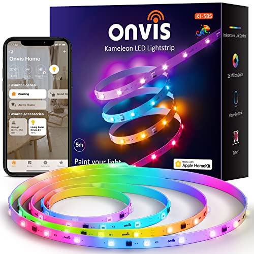 Onvis 5m Smart RGBIC LED Strip Light,Apple HomeKit Certified,Farbwechsel,Musik Sync,Weihnachtsdeko，Funktioniert mit Apple HomeKit Sir, IOS ONLY(Unsealed)