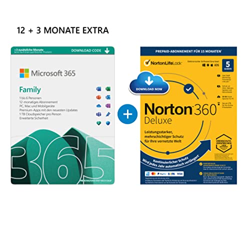 Microsoft 365 Family 12+3 Monate | 6 Nutzer | Mehrere PCs/Macs, Tablets & mobile Geräte | Download Code + NORTON 360 Deluxe | 5 Geräte |15 Monate mit Automatischer Verlängerung| Download Code