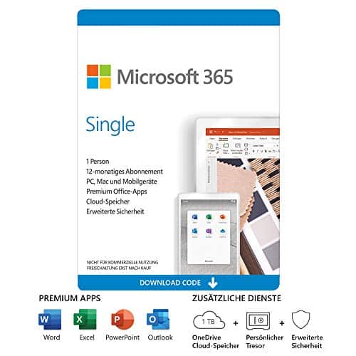 Microsoft 365 Single | 1 Nutzer | Mehrere PCs/Macs, Tablets und mobile Geräte | 1 Jahresabonnement | Download Code