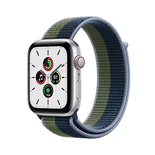 Apple Watch SE (1. Generation) (GPS + Cellular, 44mm) Smartwatch - Aluminiumgehäuse Silber, Sport Loop Abyssblau/Moosgrün. Fitness-und Aktivitätstracker, Herzfrequenzmesser, Wasserschutz