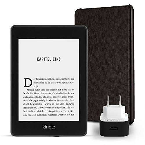 Kindle Paperwhite Essentials Bundle mit einem Kindle Paperwhite, 8 GB, WLAN, mit Spezialangeboten, einer Amazon Lederhülle (Schwarz) und einem Amazon Powerfast 9-W-Ladegerät