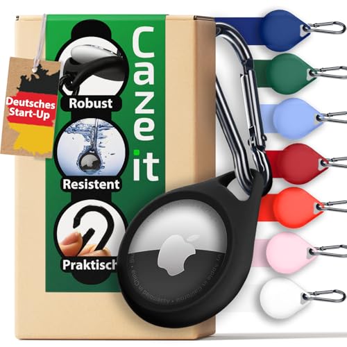 Cazeit® AirTag Silikon Anhänger Schutzhülle + kostenlosen Karabiner | Ultra Leichte AirTag Hülle Schlichtes Design, langlebiges Material & Robust | Nachhaltig in Deutschland handverpackt [Schwarz]