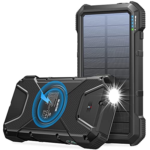 Solar ladegerät Power Bank 18W, QC 3.0 Tragbares kabelloses Ladegerät 10W/7.5W/5W mit 4 Ausgängen und Zwei Eingängen, 20000mAh externer Akku IPX5 Wasserdicht mit Taschenlampe und Kompass