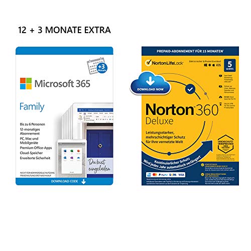 Microsoft 365 Family 12+3 Monate | 6 Nutzer | Mehrere PCs/Macs, Tablets & mobile Geräte | Download Code + NORTON 360 Deluxe | 5 Geräte | 15 Monate mit Automatischer Verlängerung| Download Code