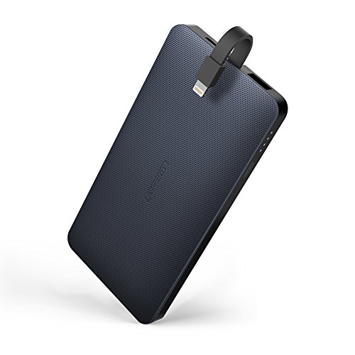 UGREEN Powerbank kompatibel für iPhone X Externer Akku mit 2.1A mit integriertem Ladekabel unterstützt für iPhone 8 und 2.4A USB Port Tragbares Ladegerät 10000mAh Power Bank