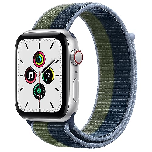 Apple Watch SE (1. Generation) (GPS + Cellular, 44mm) Smartwatch - Aluminiumgehäuse Silber, Sport Loop Abyssblau/Moosgrün. Fitness-und Aktivitätstracker, Herzfrequenzmesser, Wasserschutz