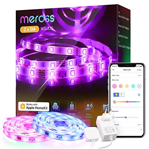 WLAN LED Streifen funktioniert mit Apple HomeKit, meross Smart RGB Strip, 12V IP20 Streifenbeleuchtung, Flexibel DIY Band Arbeiten mit Siri, Alexa und Google, für Weihnachten, Party, 5M x2