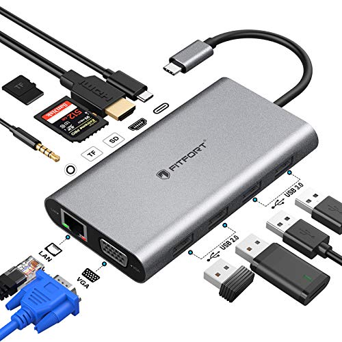 FITFORT USB C adapter, DUAL display, 12 port aluminum USB C hub, with 4K-HDMI, VGA, USB 3.0 ports, Type C PD, Gigablit Ethernet RJ45, SD / TF card reader, compatible for MacBook Pro / Air, More Type C devices