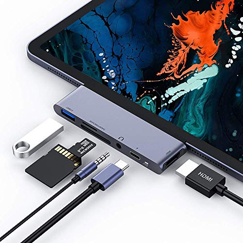 USB C Hub für iPad Pro, 6 in 1 Typ C zu HDMI 4K, PD Ladeanschluss, USB 3.0 Anschluss, 3,5 mm Audio, SD/TF Kartenleser, Tragbarer USB C Adapter Kompatibel mit iPad Pro/Air,MacBook Pro/Air,Laptops