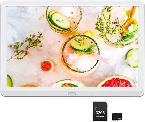 MELCAM Digitaler Bilderrahmen 10 Zoll mit 32GB Sd Karte, 1920 * 1080 Hochauflösend Unterstützt 178 Grad IPS Display 16:9 Bildschirm Video Musik Player mit Kalender/Wecker/Fernbedienung, Weiß