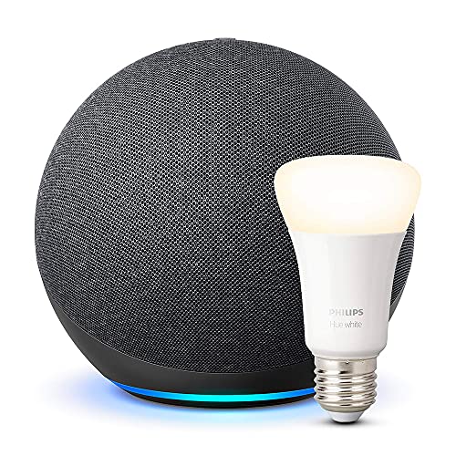 Echo (4. Generation) | Mit herausragendem Klang | Anthrazit + Philips Hue Smarte Lampe (E27), Funktionert mit Alexa
