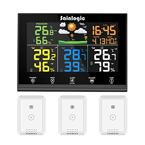 Sainlogic Funk Wetterstation mit 3 Außensensoren, Wettervorhersage, Farbdisplay, Funk Thermometer Hy-grometer mit Außensensor