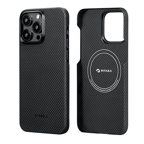 pitaka Hülle für iPhone 15 Pro Max aus Aramidfaser Kompatibel mit Magsafe Ultradünne Handyhülle Magnetische Schutzhülle mit Kameraschutz und Textur Haptik [MagEZ Case 4] Schwarz/Grau