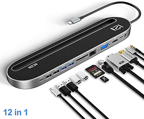 ICZI USB C Docking Station,12 in 1 USB C Hub Aluminium mit 4K HDMI VGA(DUAL-Display) 4 USB, 2 Type-C/PD, RJ45 Gigabit Ethernet,SD/TF-Kartenles,3.5mm Audio für MacBook Pro/Air Huawei P30 Type C Geräte