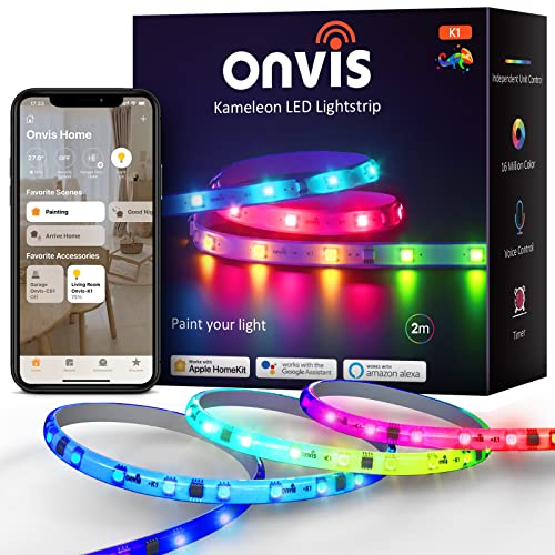 Onvis RGBIC LED Strip Light, WiFi LED Stripe 2m, Apple Homekit kompatibel, Musik Sync, Segmentcontrol, Farbwechsel Smart LED Streifen geeignet für Schlafzimmer, Studio, Kabinett