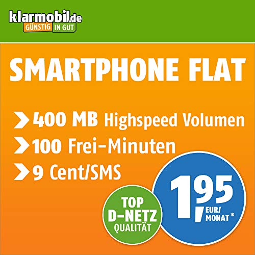 Klarmobil Smartphone Flat S mit 400 MB Internet Flat Max. 21 Mbit/s, 100 Frei-Minuten in alle deutschen Netze, EU-Roaming, 24 Monate Laufzeit, 1,95 EUR monatlich, Triple-Sim-Karten