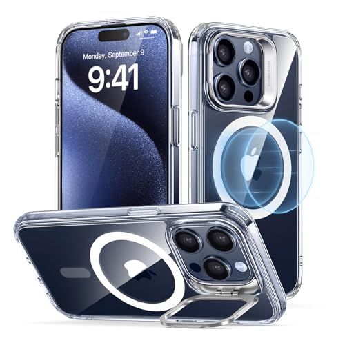 ESR für iPhone 15 Pro Hülle, kompatibel mit MagSafe, Militärnorm Schutzhülle, integrierter Versteck Ständer Handy Case, Kratzfeste Rückseite, Classic Serie, Klar