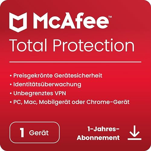 McAfee Total Protection 2024, 1 Gerät | Antivirus, VPN, Passwort-Manager, Mobil- und Internetsicherheit | PC/Mac/iOS/Android|1-Jahres-Abonnement | Aktivierungscode per E-Mail