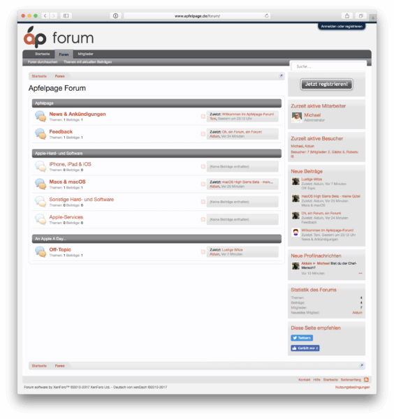 Die Startseite des Apfelpage-Forums