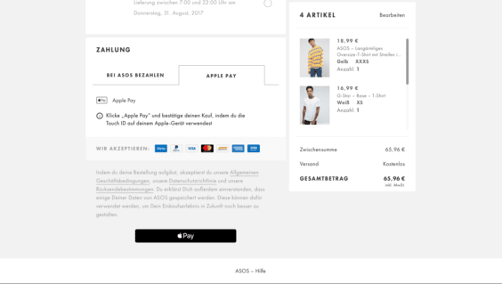 Apple Pay bei ASOS als Zahlungsmethode, Bild: Jacob D./Screenshot