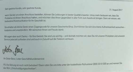 Entschuldigungsschreiben der Telekom, Bild: Moritz Krauß