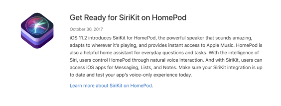 Entwickler sollen SiriKit auf dem HomePod nutzen, Bild: Screenshot