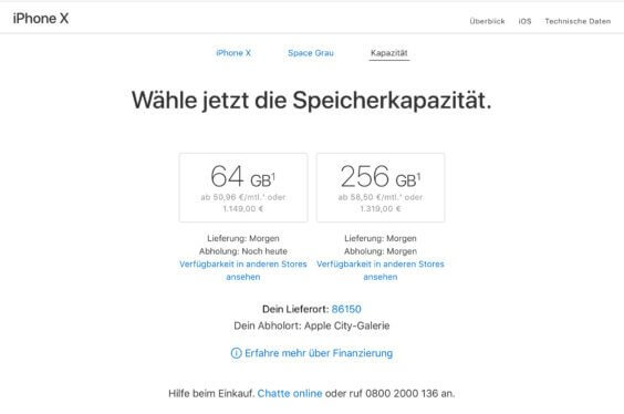 iPhone X - Preise in Deutschland - Screenshot / Apple