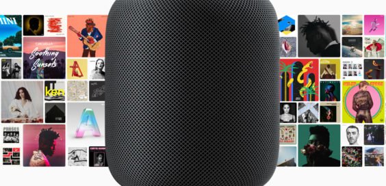 HomePod mit Apple Music Alben im Hintergrund