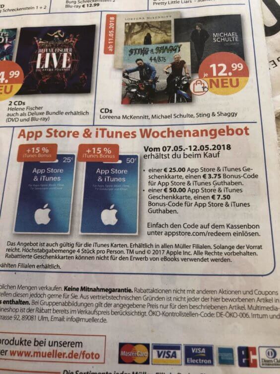 iTunes Karten Angebot Müller Mai 2018