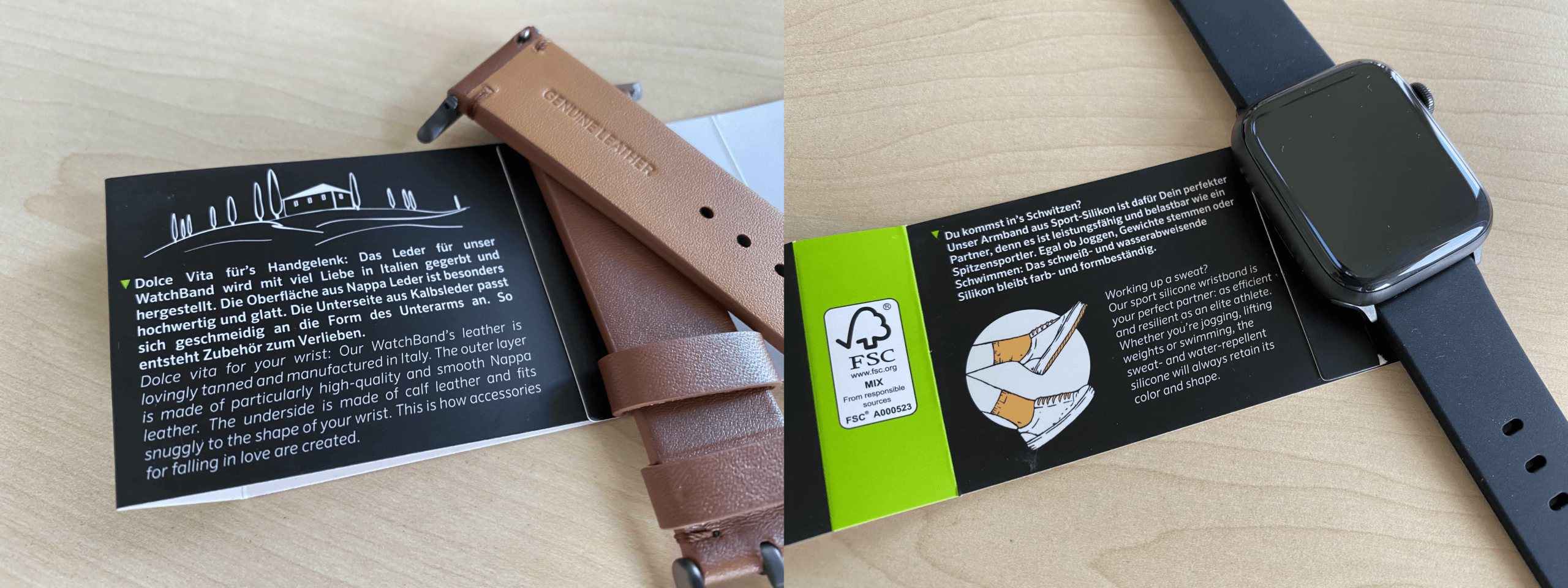 Viel Text auf den Verpackungen beschreiben die Besonderheiten der Armbänder.