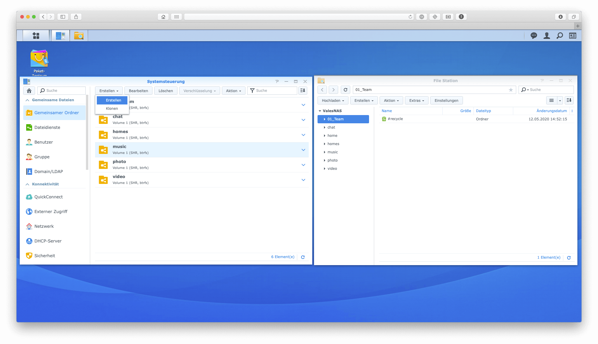 Erstellung von Team-Ordnern in der Systemsteuerung oder in File Station