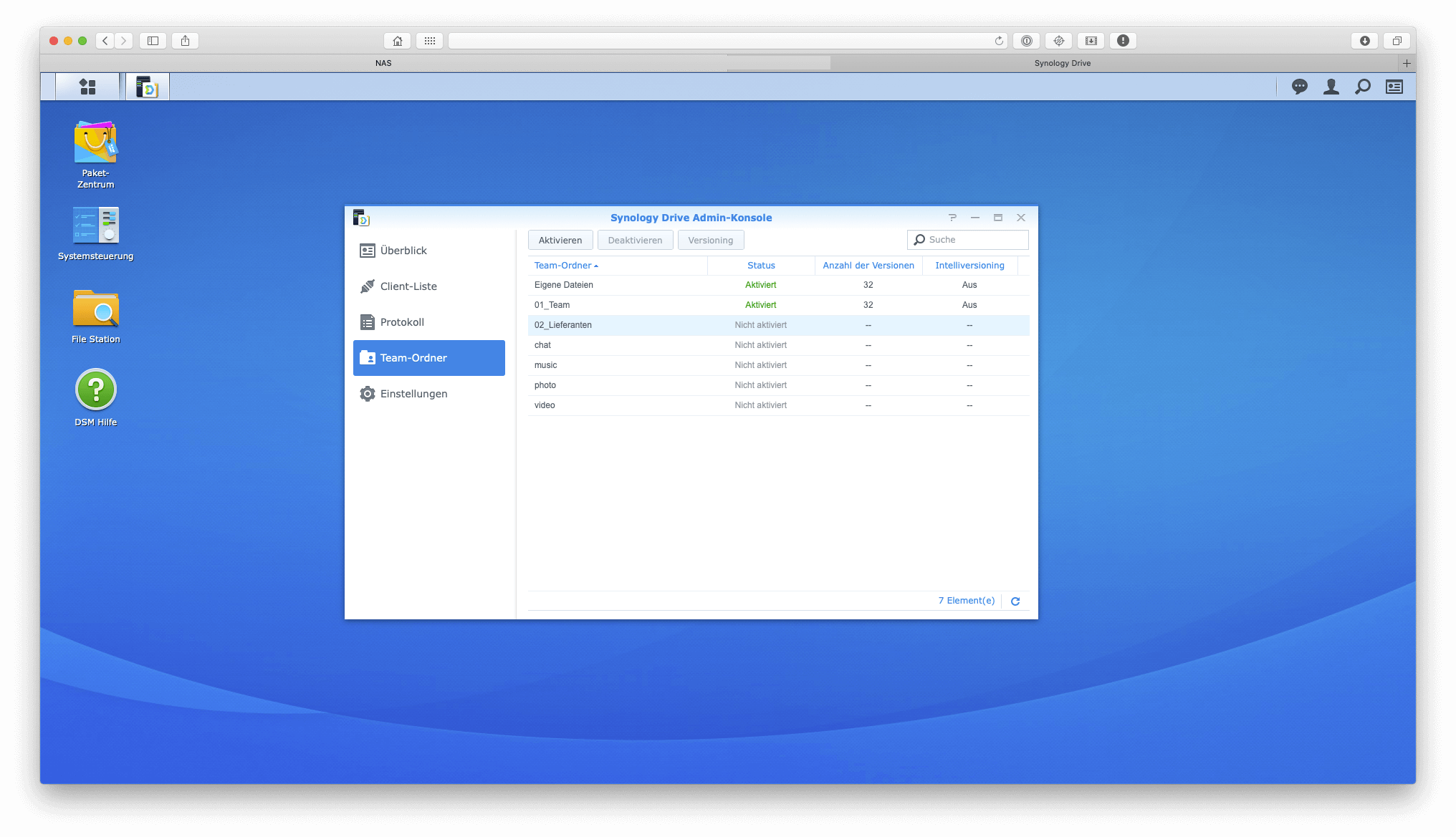 Aktivieren der Ordner in der Synology Drive Admin-Konsole