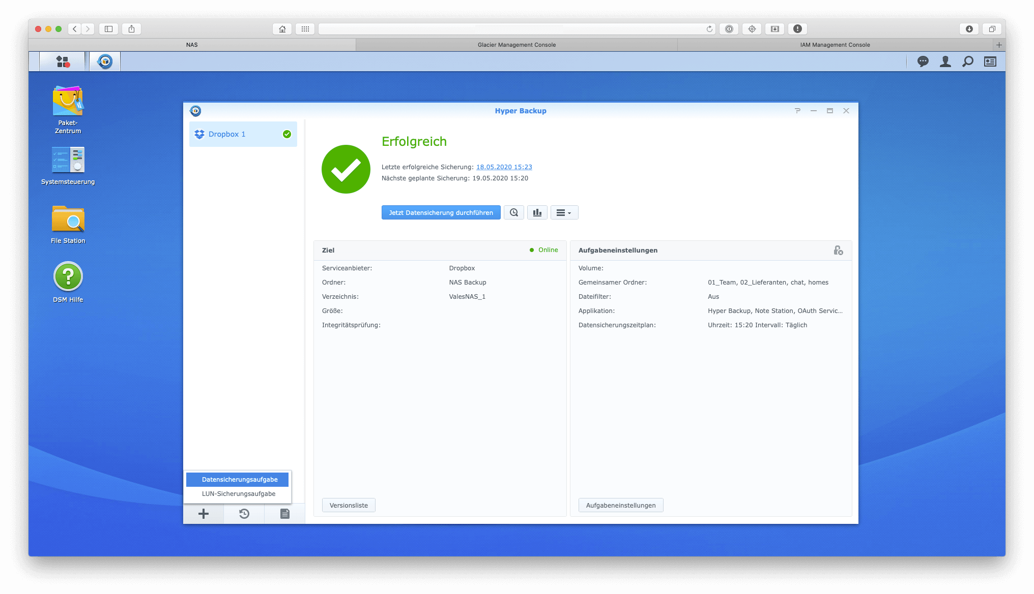 Dashboard von Hyper Backup