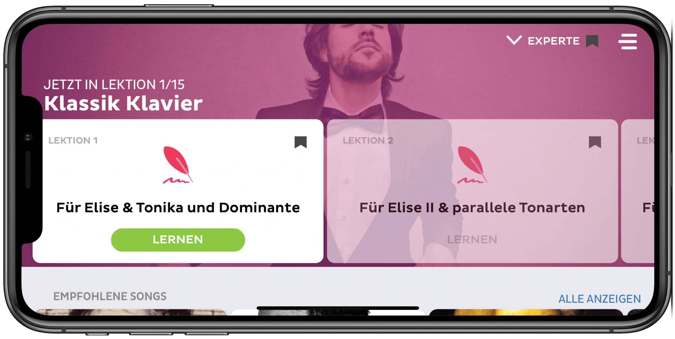 Neben den Lektionen können auch vorgeschlagene Songs und Stücke gespielt werden
