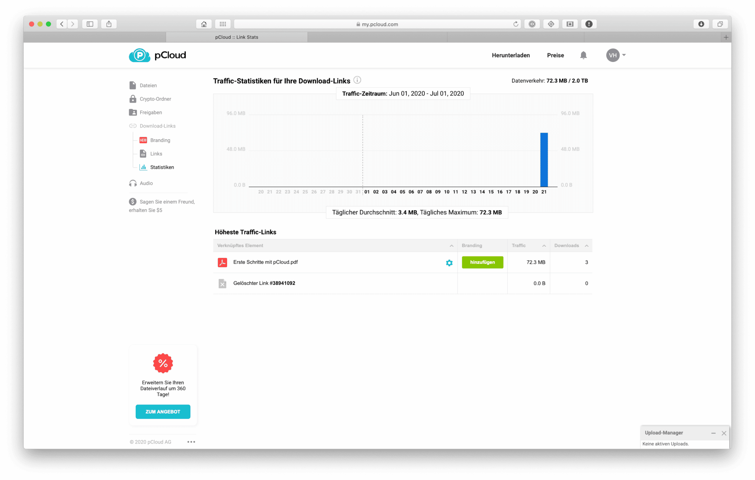 Die Link-Statistiken sorgen für einen detaillierten Überblick der Freigaben.