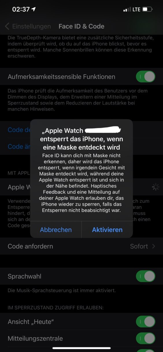Mit Apple Watch entsperren - Screenshot