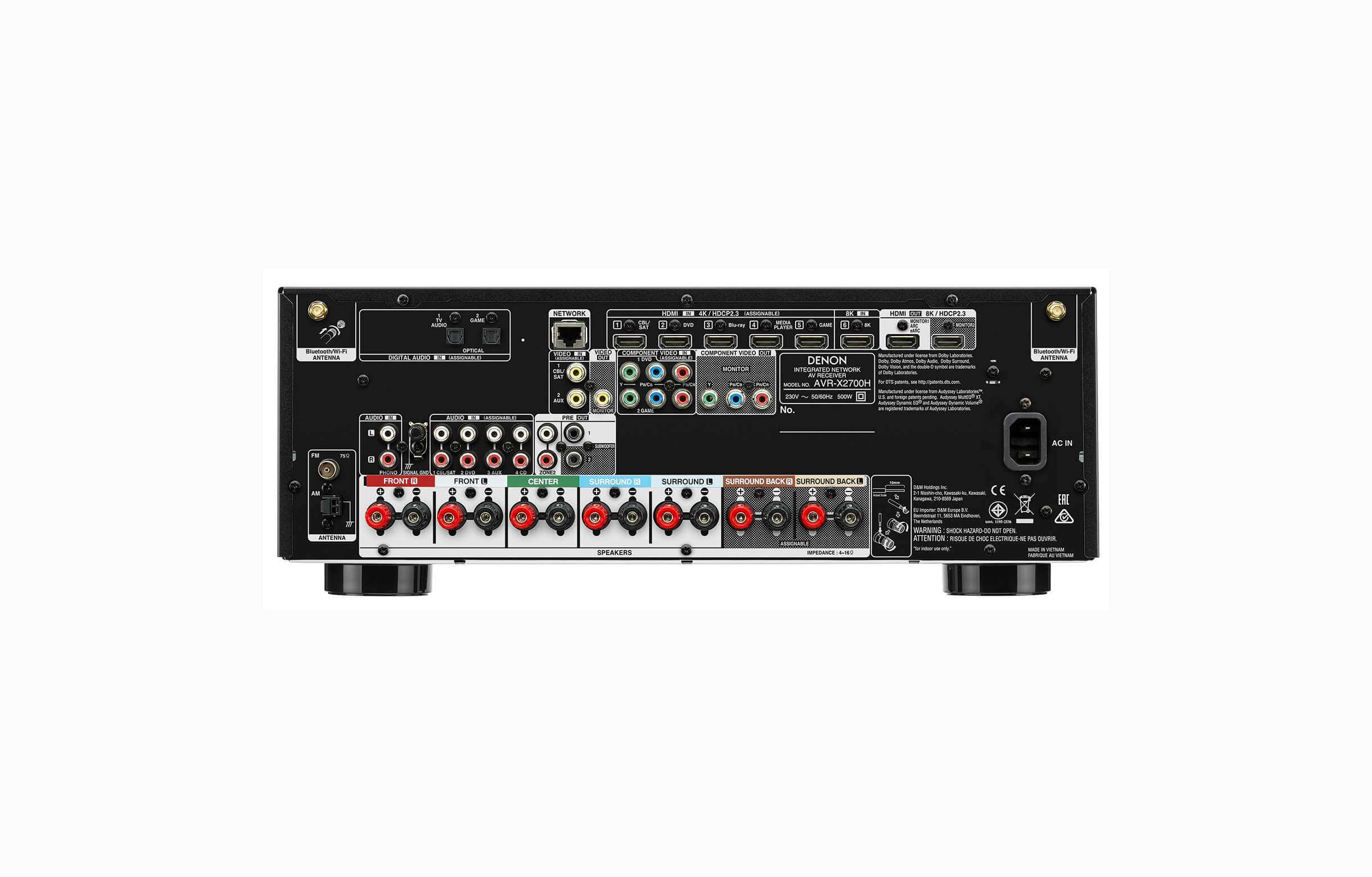 Für einen AV-Receiver der unteren Mittelklasse bringt der Denon X2700H eine ganze Reihe an nützlichen Anschlüssen mit.