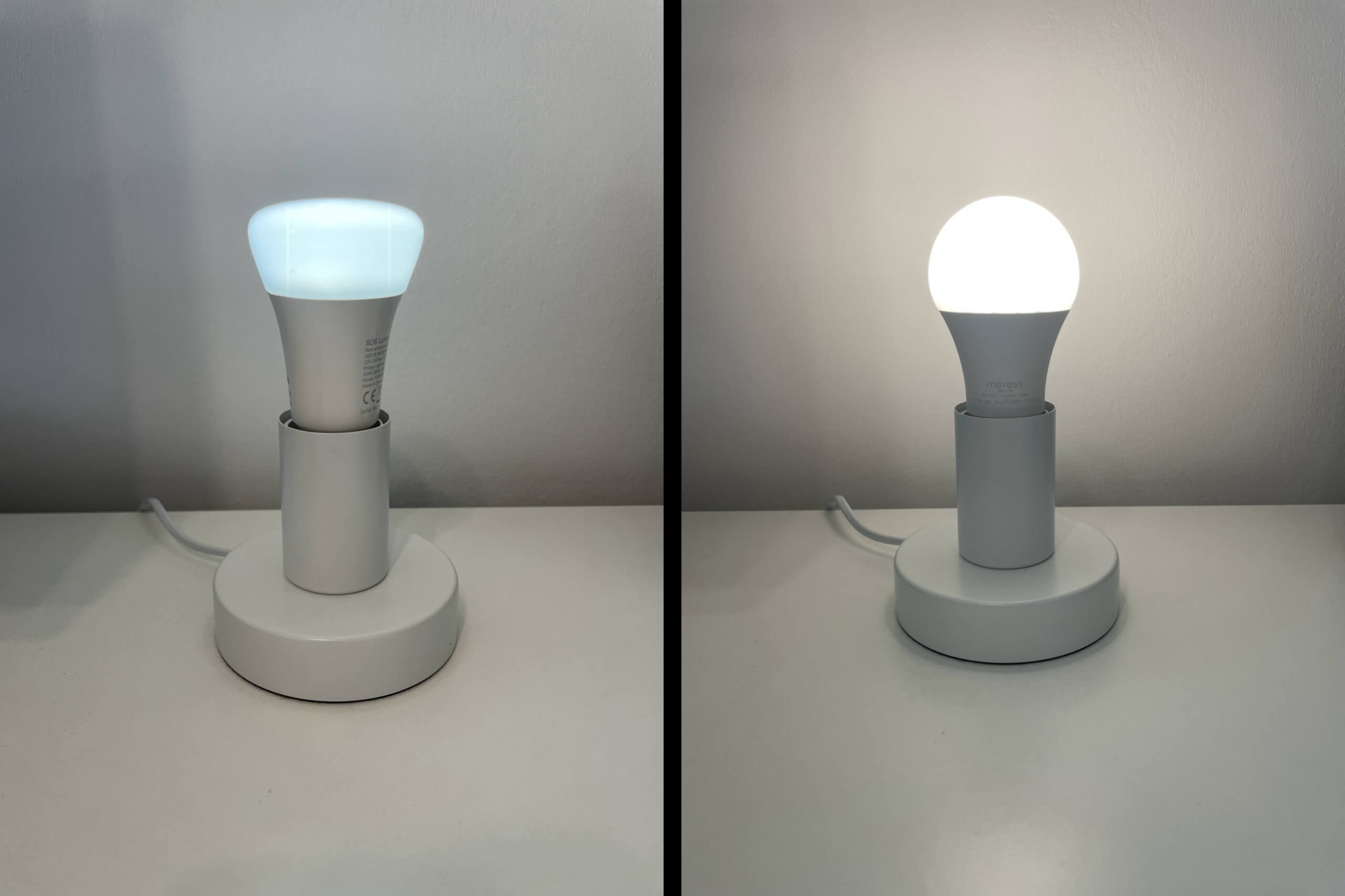 In diesem Bild kann man sehr gut erkennen, wie unterschiedlich Philips Hue und Meross ihren kalten Weißton bei 6.500 Kelvin und 20 Prozent Helligkeit definieren.
