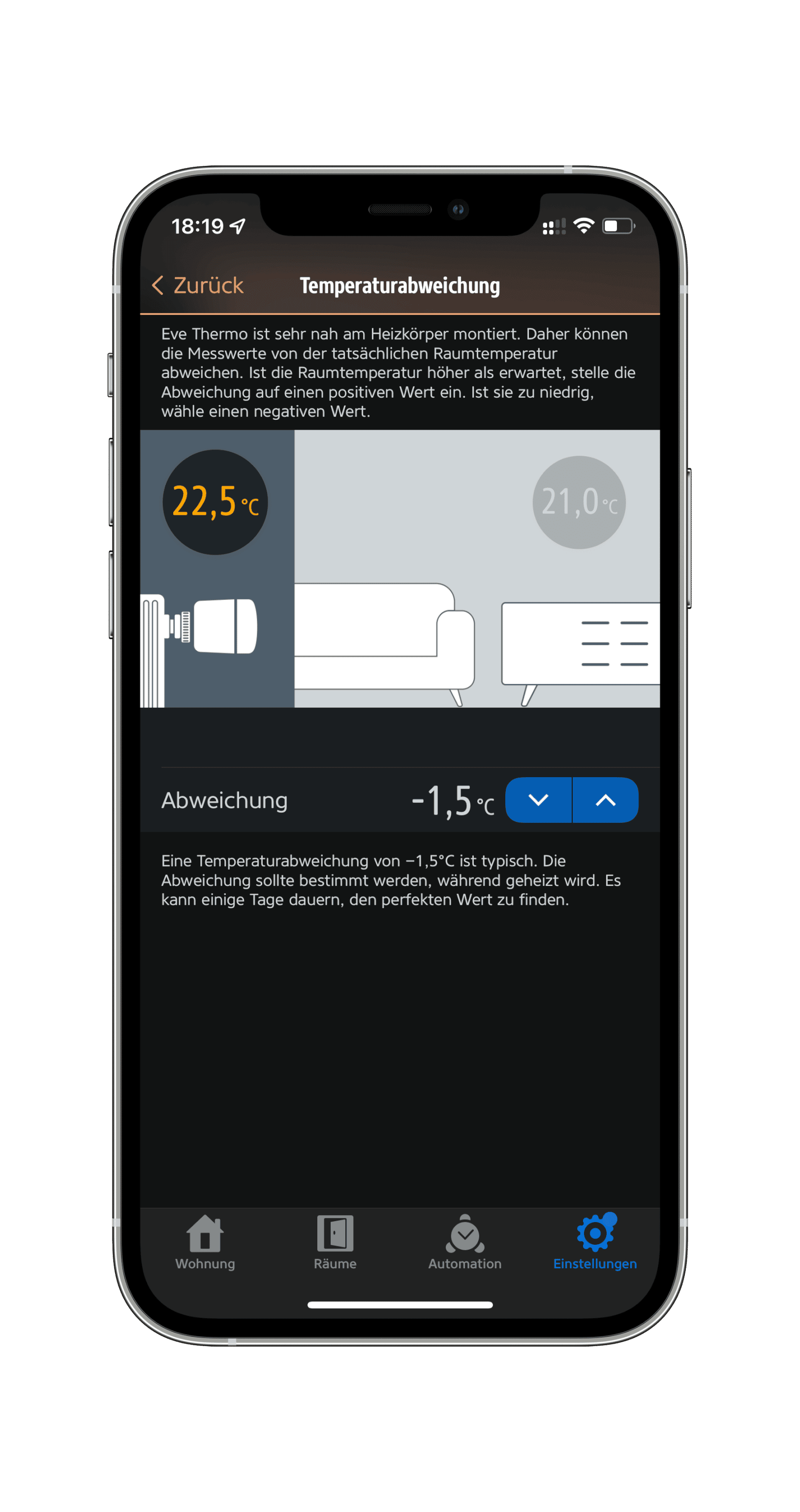 In der App kann man die vom Eve Thermo gemessene Temperatur korrigieren.