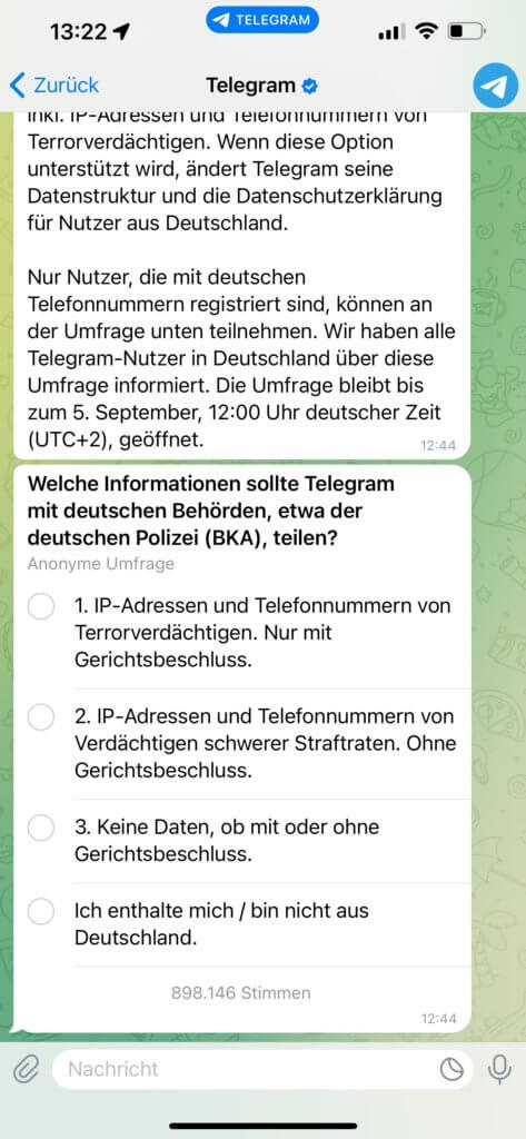 Telegram-Umfrage in Deutschland - Screenshot