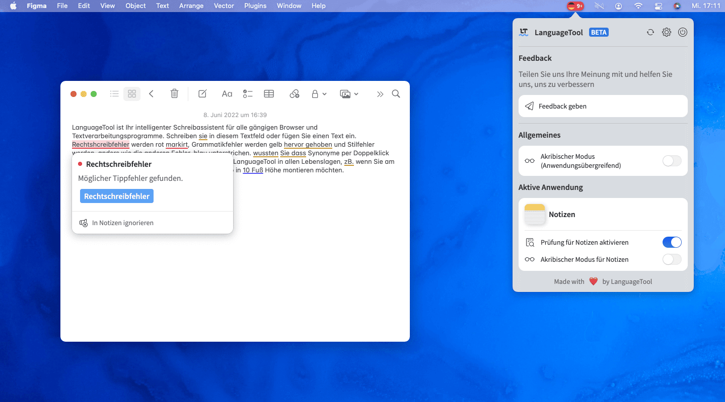 Mit der Mac-App integriert sich LanguageTool direkt in Apple Mail, Notizen und iMessage.