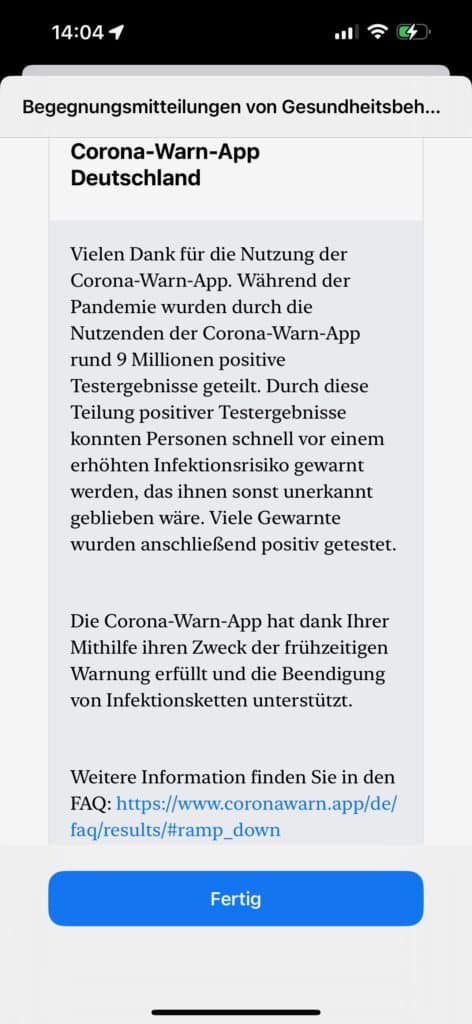 Corona-Warn-App ist deaktiviert - Screenshot